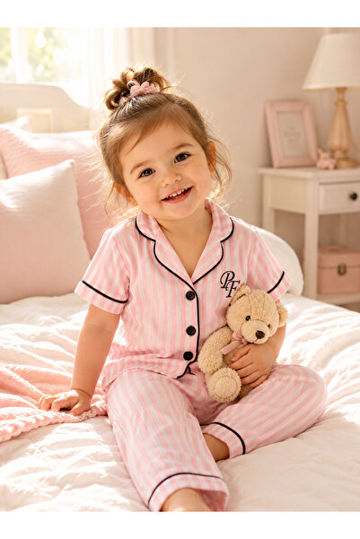 LUVVERA Kız Çocuk Pembe Çizgili Pijama Takımı %100 Pamuklu Yakalı Düğmeli Yaz...