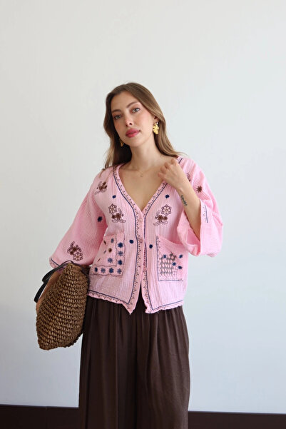 Lusin Women's Pink Ethnic Embroidery Detailed Pocket Detailed Buttoned Summer...