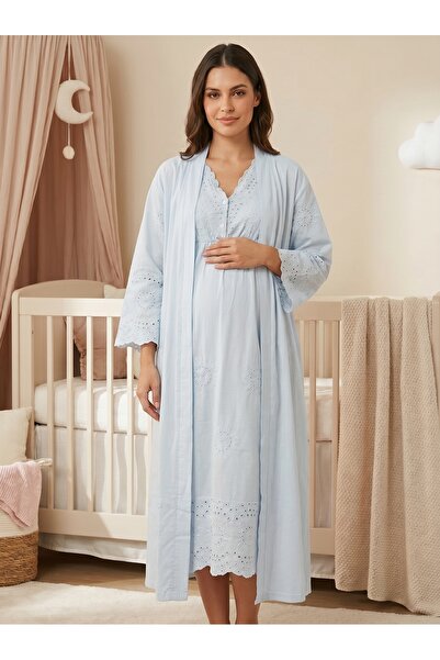 Lohusa Homewear New Season Blue Maternity Maternity Linen Summer Dress with B...