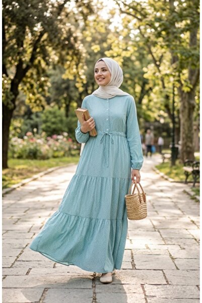 sefamerve Hakim Yaka Polka Dot Hijab Dress 0290-08 Green