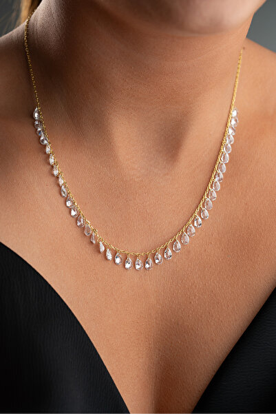 Silvano Jewelry 925 Ayar Gümüş Altın Kaplama Damla Taşlı Model Kolye