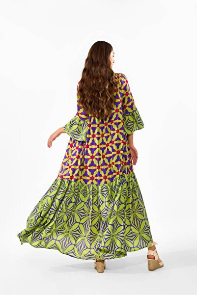 RARA Cotton boual dress with a tight neckline - light green, purple