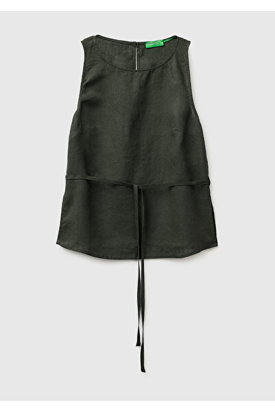 United Colors of Benetton Women's Khaki 100% Linen Tie-Up Button Back Sleevel...