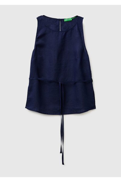 United Colors of Benetton Women's navy blue 100% linen tie back button sleeve...