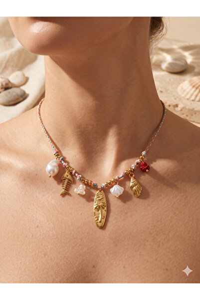 PABALAS Gold Sea Themed Bijouterie Charm Necklace with Fish Shell Pearl Bead ...