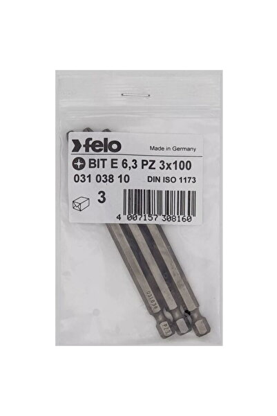 FELO Set 3 biți cu profil industrial, tip Pozidrive, E6.3, PZ3, 100mm