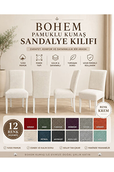İLYEVTEKSTİLİ Bohem Pamuklu Esnek Standart Sandalye Kılıfı, Yıkanabilir, Doku...