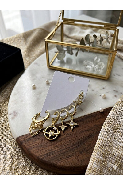 HERALDİS Non-Tarnish Steel Star and Moon Figured Multiple Earring Set