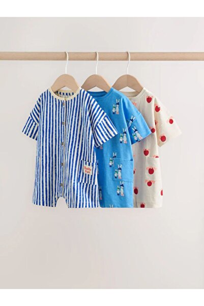 Next Baby Cotton Blue Striped Rabbit Pattern 3-Piece Romper Set