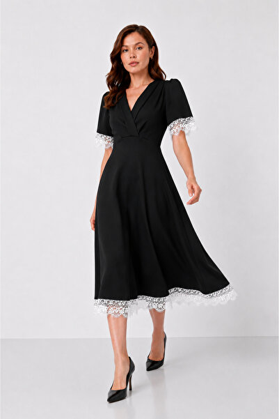WOMAN VISION Black Crepe Fabric Padded Double Breasted Collar Sleeves and Ski...