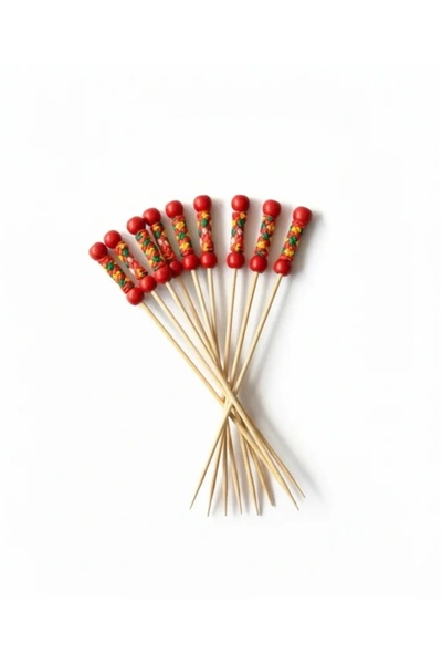100 Adet Bambu Örgülü Kürdan (KIRMIZI) Tek Kullanımlık Kullanat 12cm