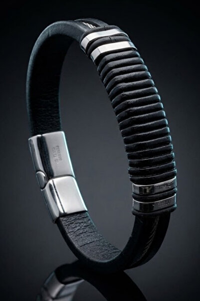 OSMANLI GÜMÜŞ Men's Leather Steel Bracelet Black Steel Mesh Leather Magnetic ...