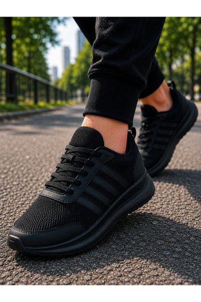 YUSE SHOES Walking Sneaker Black Striped Lace-Up Men's Sports Shoes