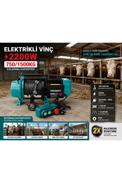 Tricraft 2200W Elektrikli Vinç 750/1500 KG Profesyonel Yük Kaldırma Halatlı C...