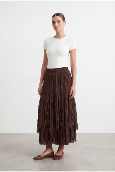 Loreen Elastic Waist Skirt with Cut-Out Pattern Pleated Skirt - Bitter Brown ...
