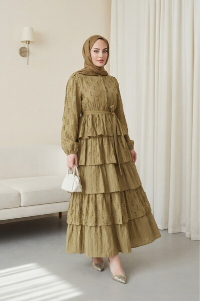 Modamorfo Half-Buttoned, Layered Skirt, Elasticated Sleeves, Belted Crinkle D...