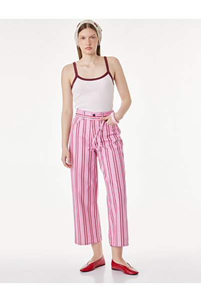 Koton Pamuklu Beli Bağcıklı Çizgili Kısa Geniş Paça Pantolon - Crop Wide Leg ...