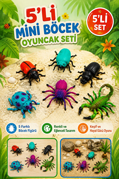 Tamsena Store 5’li Mini Böcek Oyuncak Seti Renkli Hayvan Figürleri Çocuk Eğit...