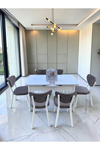 MSY HOME Alva 6 Kişilik Yemek Masası Takımı Baby Face Kumaş Beyaz 80x130 cm M...