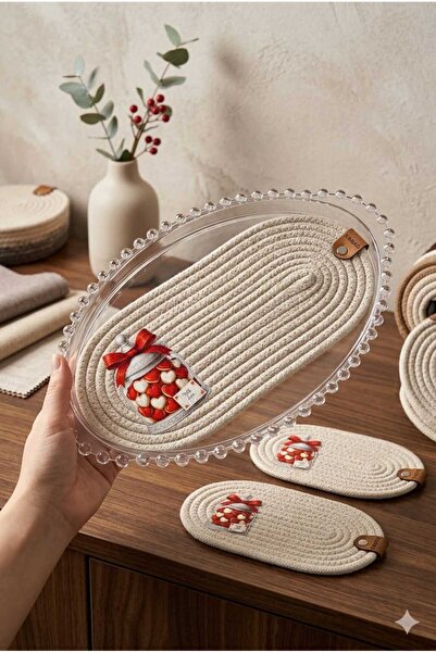 Betülce Acrylic Beaded Oval Tray and Cotton Rope Supla Double Presentation Set