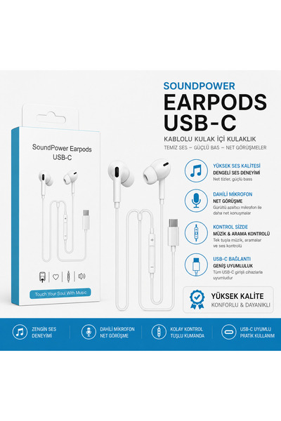 GudeX USB-C Kablolu Kulaklık Mikrofonlu Type-C Kulak İçi EarPods