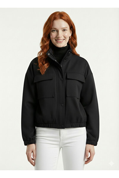Neden Tekstil Women's Black Relaxed Fit Double Pocket Zipper Jacket
