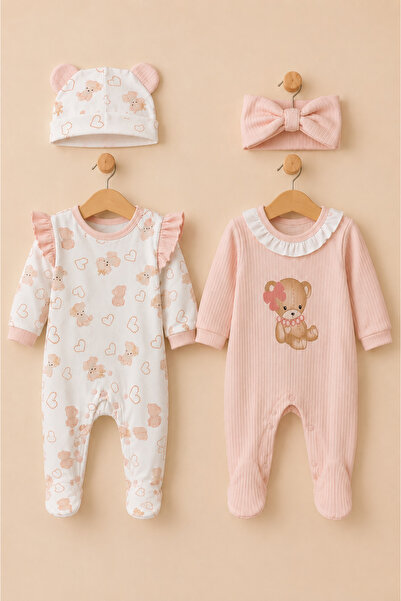 My Babies Label Açık Pembe Ayıcık Desenli 2’li Pamuklu Kız Bebek Tulum Seti