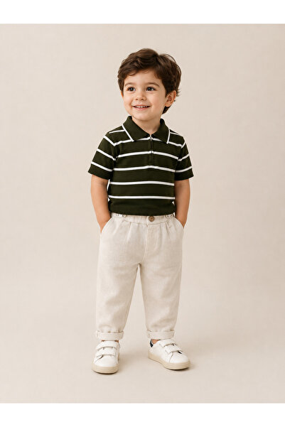 Canöz Kids Striped Polo Collar Boys' Summer Set Khaki Holiday Outfit