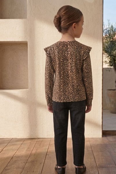 çatı moda Bluză cu mânecă lungă pentru fete, cu imprimeu leopard și detaliu cu volane