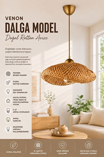 VENON DALGA MODEL ✨ Doğal Rattan Avize Hasır Avize Tekli Sarkıt Avize Doğal A...