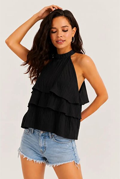 Cool & Sexy Crna slojevita bluza sa volanima i halterom