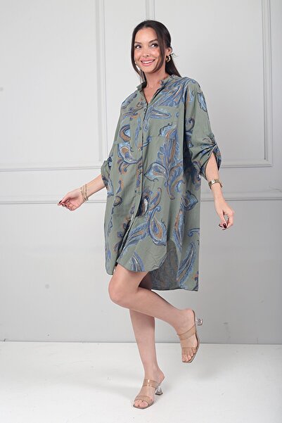 By Saygı Women's Shawl Patterned Double Pocket Italian Cotton Shirt Dress