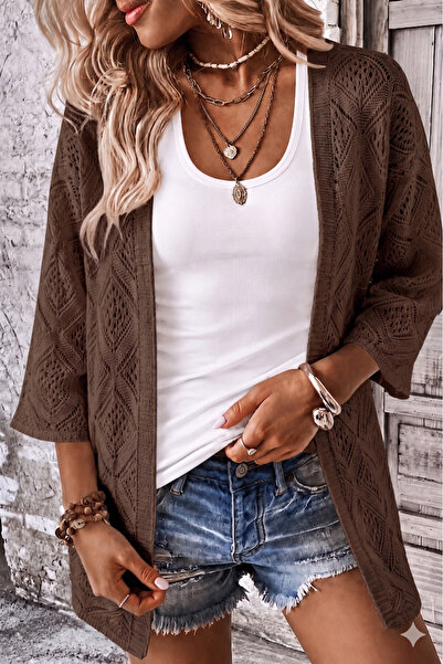 BORCKA TEKSTİL Cream Openwork Knitted Cardigan Comfortable Fit Long Sleeve Wo...