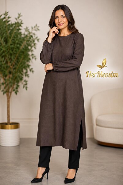 Hermevsim Missbah Women's Efnan Linen Basic 115cm Long Brown Tunic with Side ...