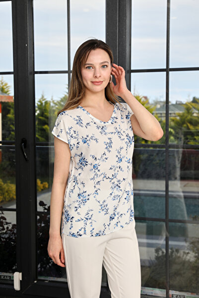 Nuevo Blue Floral Print Women's Blouse Short Sleeve Loose Summer Blouse