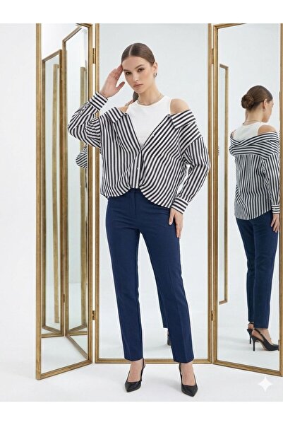 wishne Women's Off-Shoulder Striped Shirt with Athlete Detail and Double Coll...
