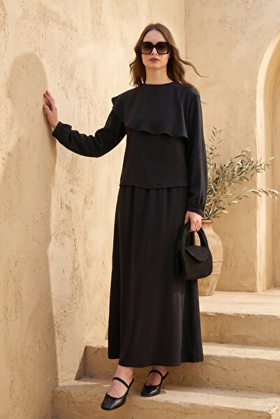 Nuss Modal Suit with Ruffle Detail Skirt on the Front 1088 Black