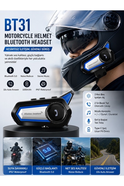 Tastech BT31 Motosiklet Kask Bluetooth Kulaklık Interkom Su Geçirmez Moto Int...