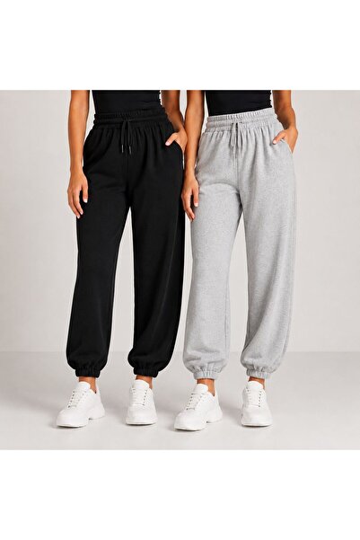 cavın 2 Pieces of Black and Gray Elastic Waistband Sweatpants