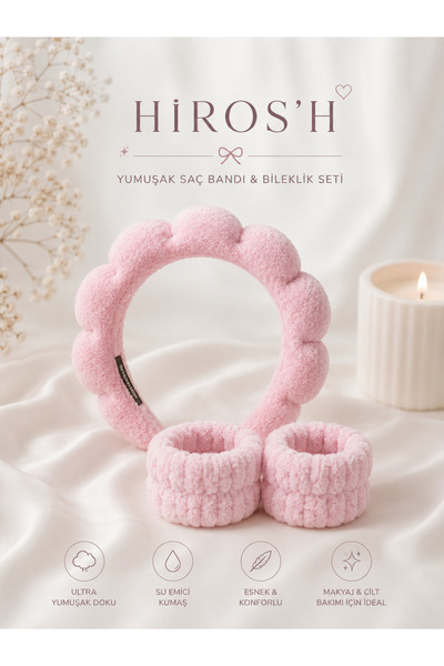 HİROS'H Premium Havlu Kumaş Bombeli Spa Makyaj Tacı Ve Yüz Yıkama Bileklik Ma...