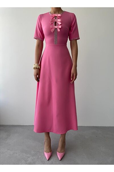 Caddebostan Moda Stylish Short Sleeve Evening and Event Dress with Stone Bow ...