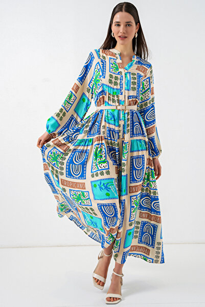 Merterium Women's Patterned Long Hijab Dress 1155 - A. Turquoise