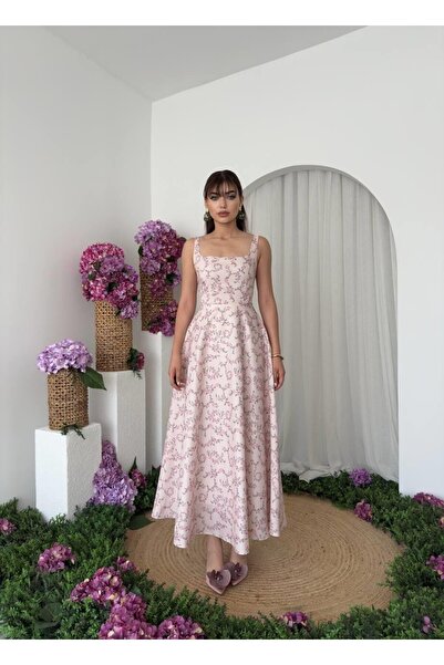 Caddebostan Moda Square Neck Floral Print Sling Midi Dress Stylish Summer Dress