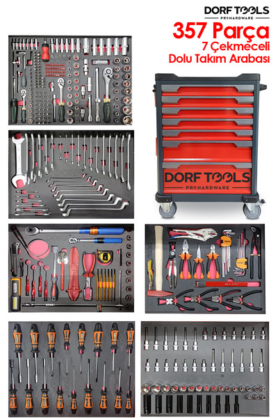 dorf TOOLS 357 Parça 7 Çekmeceli Dolu Takım Arabası Premium Profesyonel