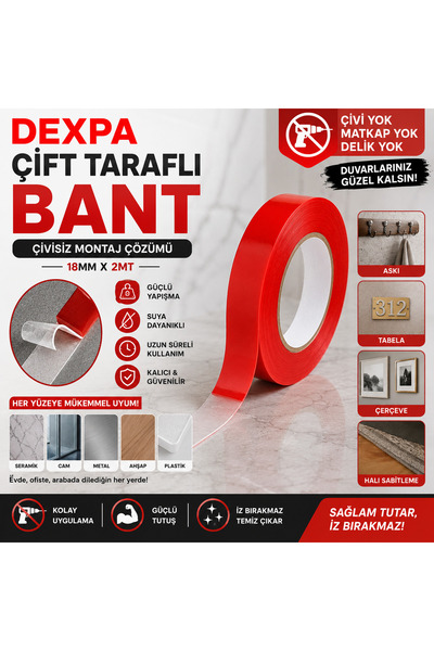 DEXPA Çift Taraflı Bant 18 mm x 2 Metre Güçlü Şeffaf Çivisiz Montaj Bandı