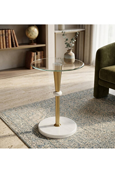 LastHome Side Service Table with Glass Top and Marble Base - 55x35cm - Gold