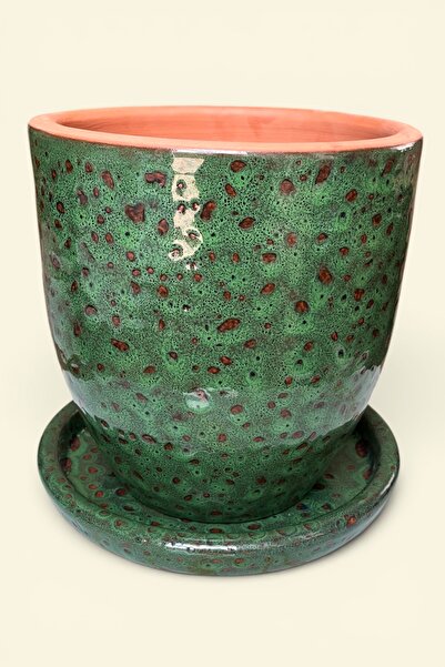 AdenArt Toprak Seramik Saksı Dekoratif Yeşil-Kahverengi Desenli Çift Sırlı Al...