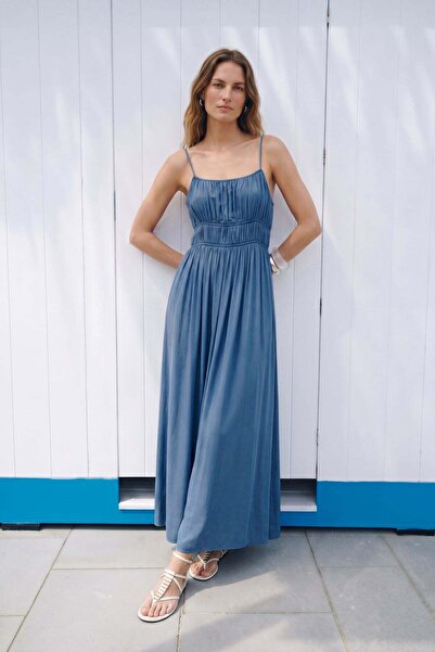 Sateen Strappy Long Dress - Indigo