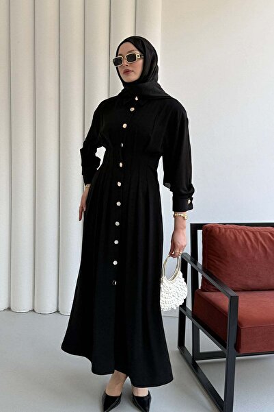 Modaensarbutik Bel Sason Detaylı Ön Düğmeli Linda Kumaş Tesettür Elbise-SİYAH