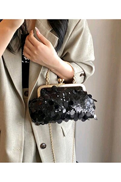 denizden Black Sequined Evening Dress Hand and Shoulder Bag with Chain Portfo...